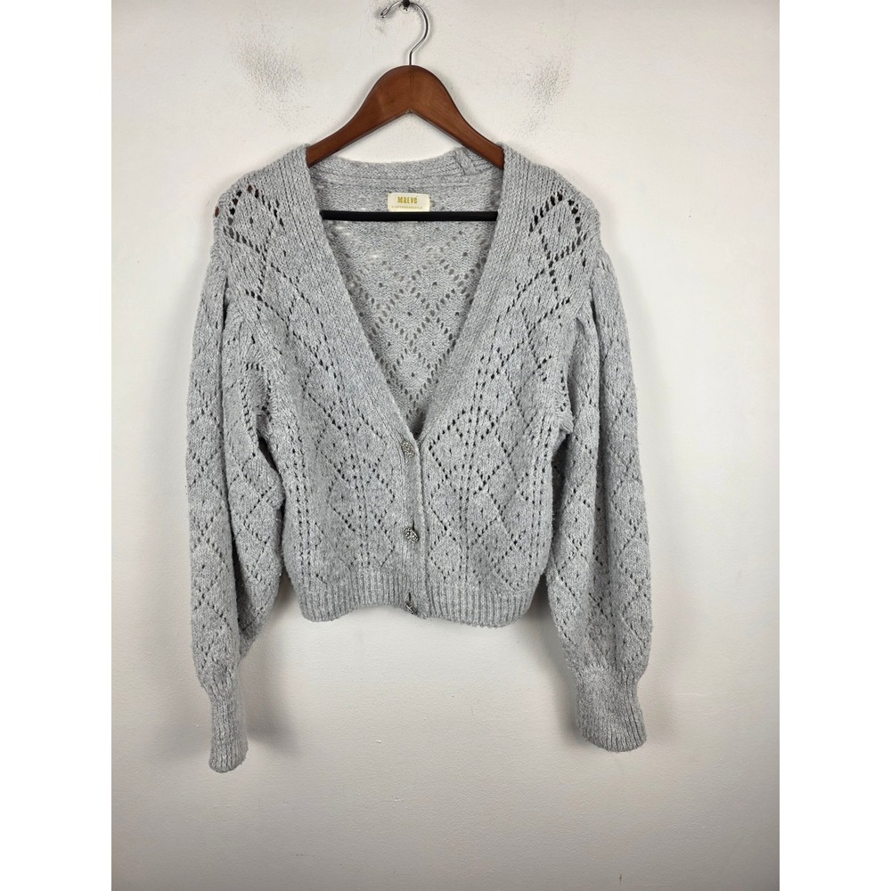 Maeve Anthropologie Womens Small Grey Pointelle Puff Sleeve Rhinestone Cardigan